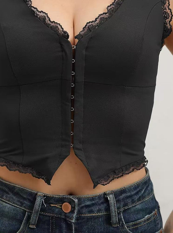 2-Pack Black French Vintage Lace Splice Camisole(L Size) - Slim Fit Halter Top with Back Detail and Button Placket - Image 2