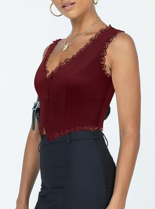 2-Pack Red French Vintage Lace Splice Camisole(L Size) - Slim Fit Halter Top with Back Detail and Button Placket - Image 2