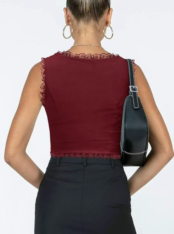 2-Pack Red French Vintage Lace Splice Camisole(XL Size) - Slim Fit Halter Top with Back Detail and Button Placket - Image 4
