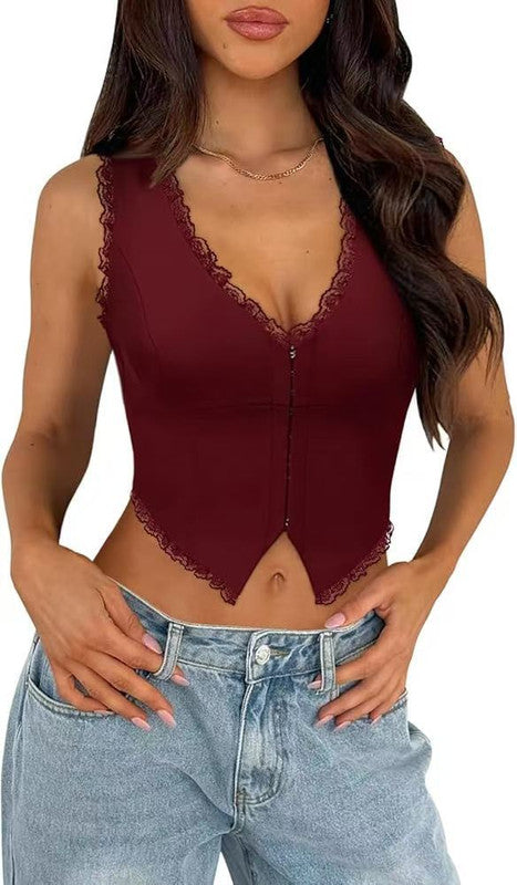 2-Pack Red French Vintage Lace Splice Camisole(2XL Size) - Slim Fit Halter Top with Back Detail and Button Placket