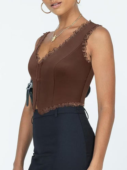 2-Pack Brown French Vintage Lace Splice Camisole(S Size) - Slim Fit Halter Top with Back Detail and Button Placket - Image 4