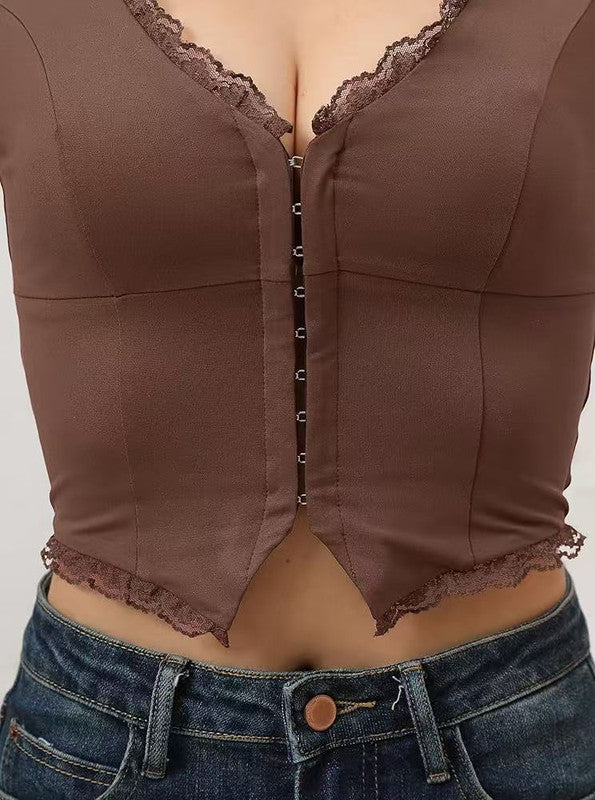 2-Pack Brown French Vintage Lace Splice Camisole(M Size) - Slim Fit Halter Top with Back Detail and Button Placket - Image 3