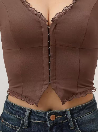 2-Pack Brown French Vintage Lace Splice Camisole(L Size) - Slim Fit Halter Top with Back Detail and Button Placket - Image 3