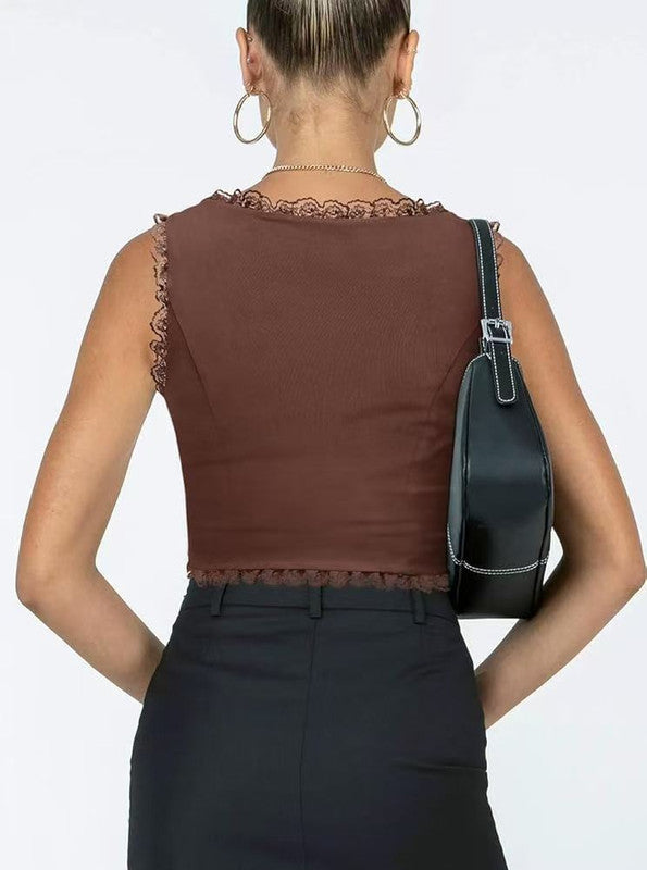 2-Pack Brown French Vintage Lace Splice Camisole(XL Size) - Slim Fit Halter Top with Back Detail and Button Placket - Image 2
