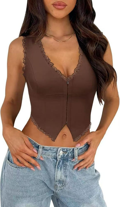 2-Pack Brown French Vintage Lace Splice Camisole(2XL Size) - Slim Fit Halter Top with Back Detail and Button Placket