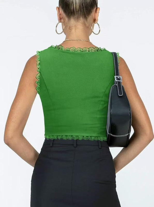 2-Pack Green French Vintage Lace Splice Camisole(L Size) - Slim Fit Halter Top with Back Detail and Button Placket - Image 2