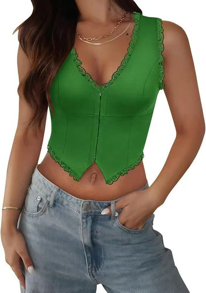2-Pack Green French Vintage Lace Splice Camisole(2XL Size) - Slim Fit Halter Top with Back Detail and Button Placket