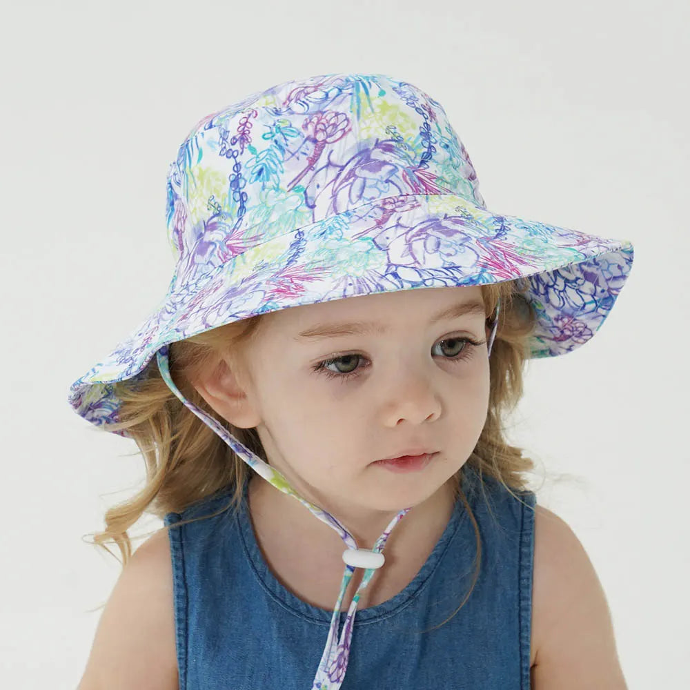 2-Pack Purple Flower Pattern Kids Sun Hat and Travel Beach Fisherman Cap(S Size for Head Circumference 48-50) - Breathable UV Protection Cap - Image 2