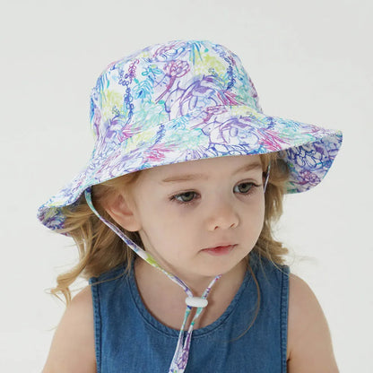 2-Pack Purple Flower Pattern Kids Sun Hat and Travel Beach Fisherman Cap(S Size for Head Circumference 48-50) - Breathable UV Protection Cap - Image 2
