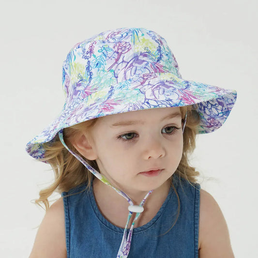 2-Pack Purple Flower Pattern Kids Sun Hat and Travel Beach Fisherman Cap(S Size for Head Circumference 48-50) - Breathable UV Protection Cap - Image 2