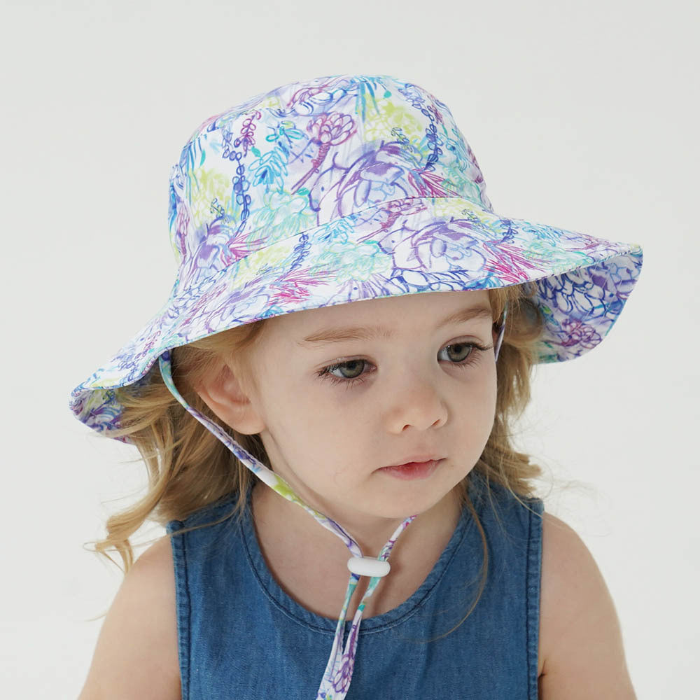 2-Pack Purple Flower Pattern Kids Sun Hat and Travel Beach Fisherman Cap(M Size for Head Circumference 52-54) - Breathable UV Protection Cap - Image 2