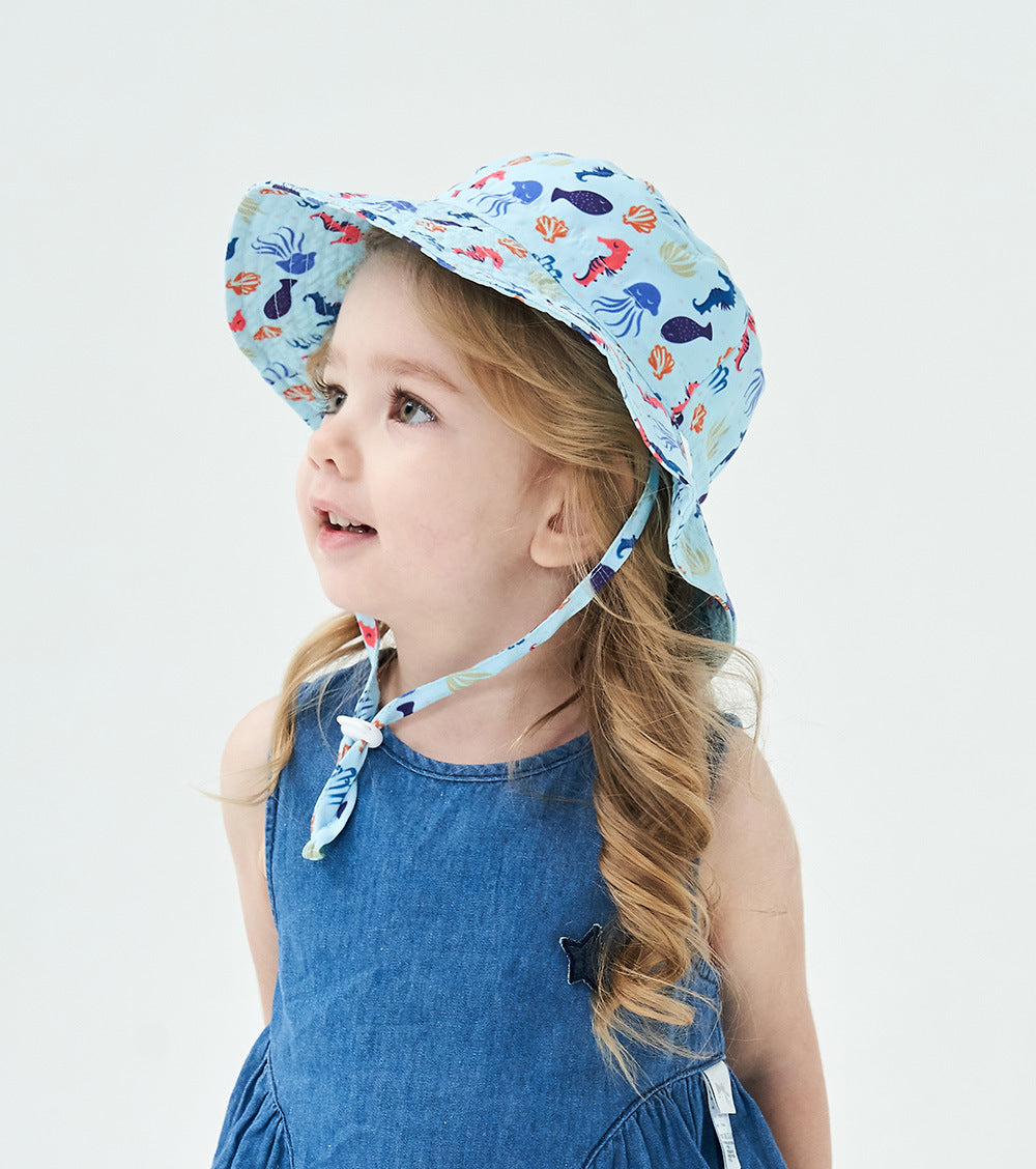 2-Pack Blue Seahorse Pattern Kids Sun Hat and Travel Beach Fisherman Cap(S Size for Head Circumference 48-50) - Breathable UV Protection Cap