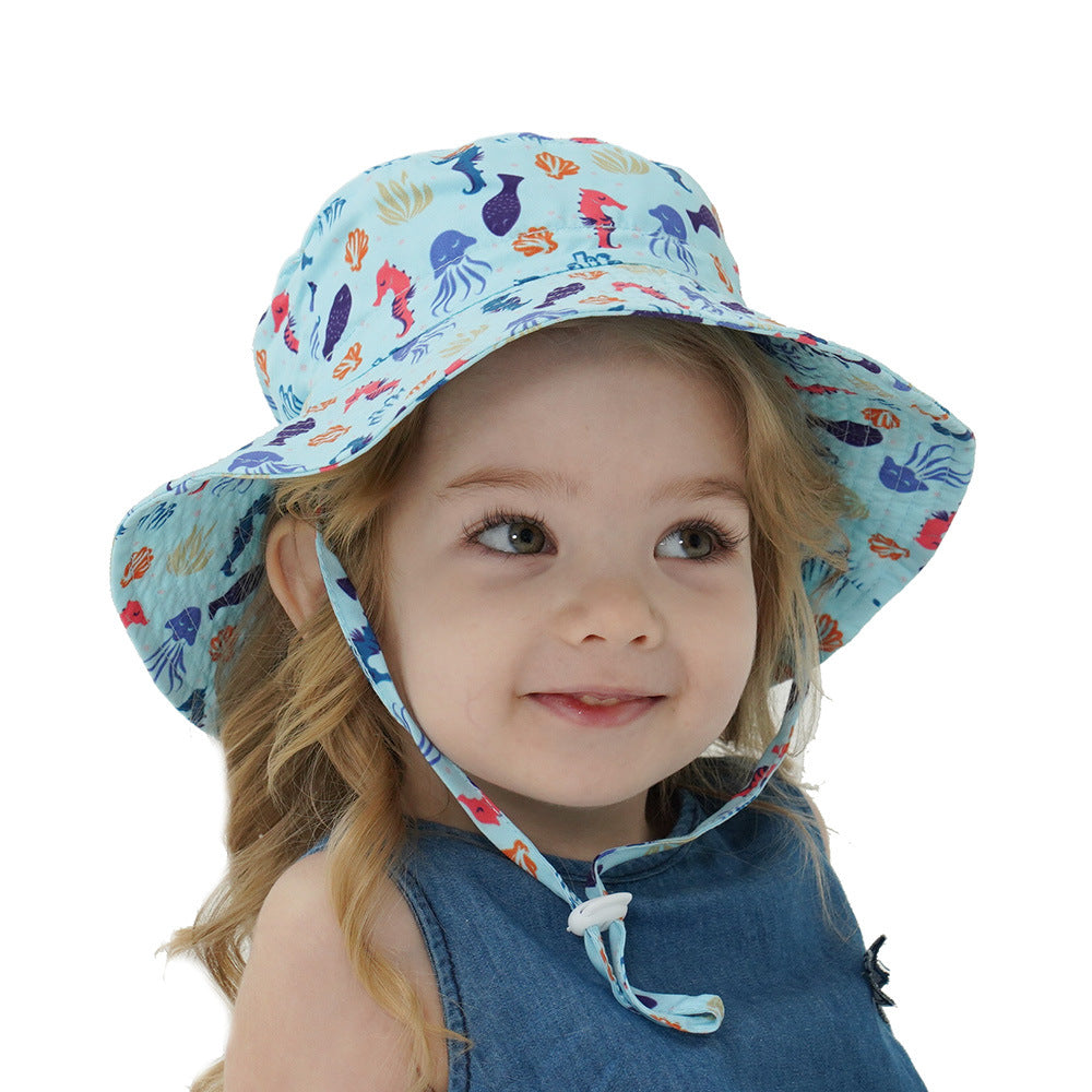 2-Pack Blue Seahorse Pattern Kids Sun Hat and Travel Beach Fisherman Cap(S Size for Head Circumference 48-50) - Breathable UV Protection Cap - Image 3