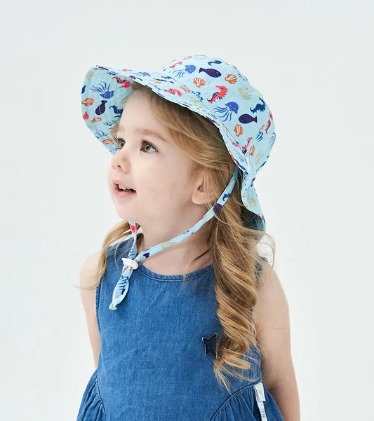 2-Pack Blue Seahorse Pattern Kids Sun Hat and Travel Beach Fisherman Cap(M Size for Head Circumference 52-54) - Breathable UV Protection Cap