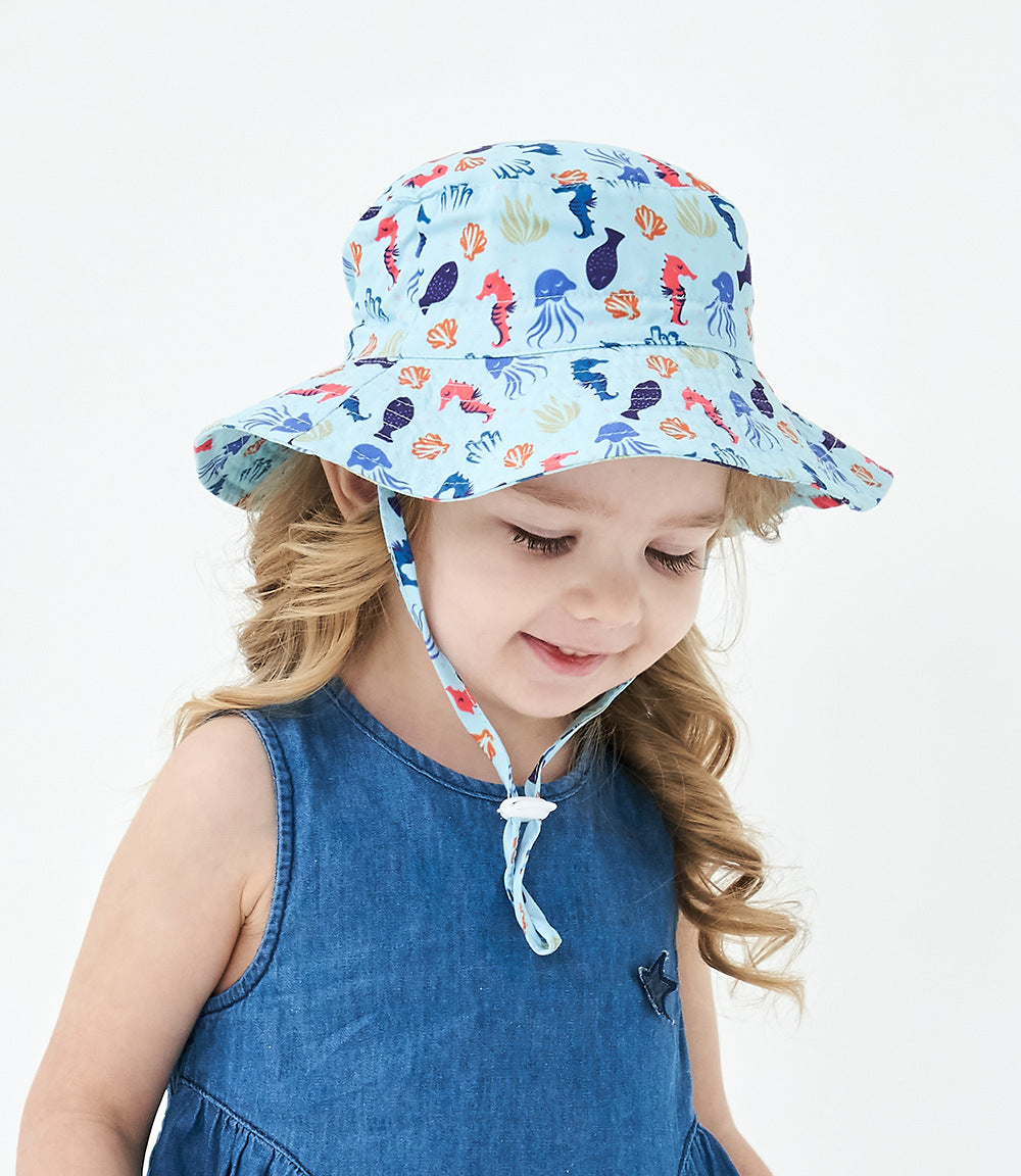 2-Pack Blue Seahorse Pattern Kids Sun Hat and Travel Beach Fisherman Cap(M Size for Head Circumference 52-54) - Breathable UV Protection Cap - Image 2