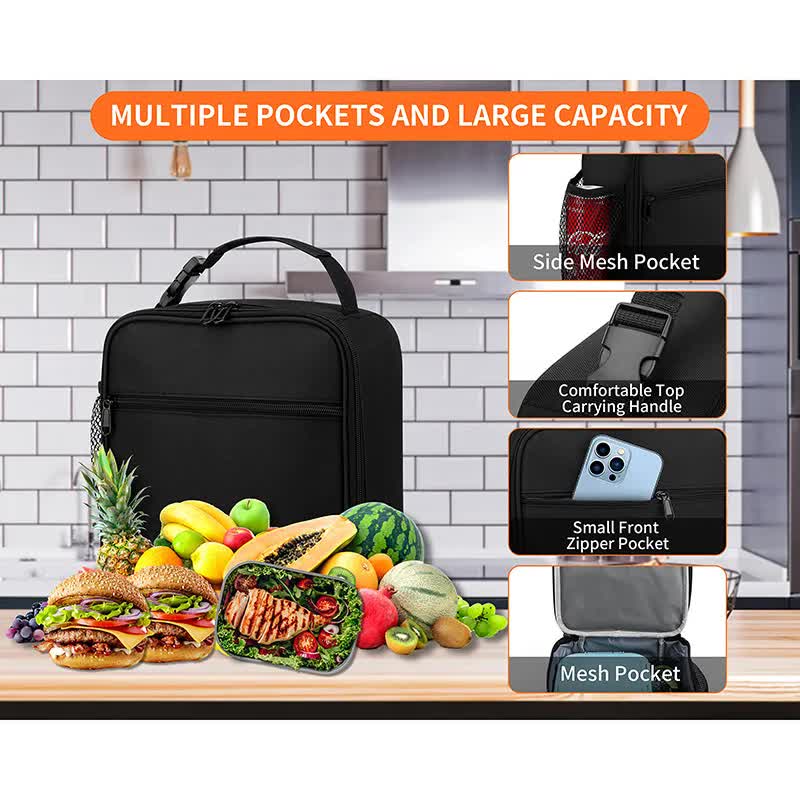 Black Portable Insulated Lunch Bag - Oxford Cloth Handheld Meal Prep Tote, Large-Capacity Square Upright Design for School Office - Image 4