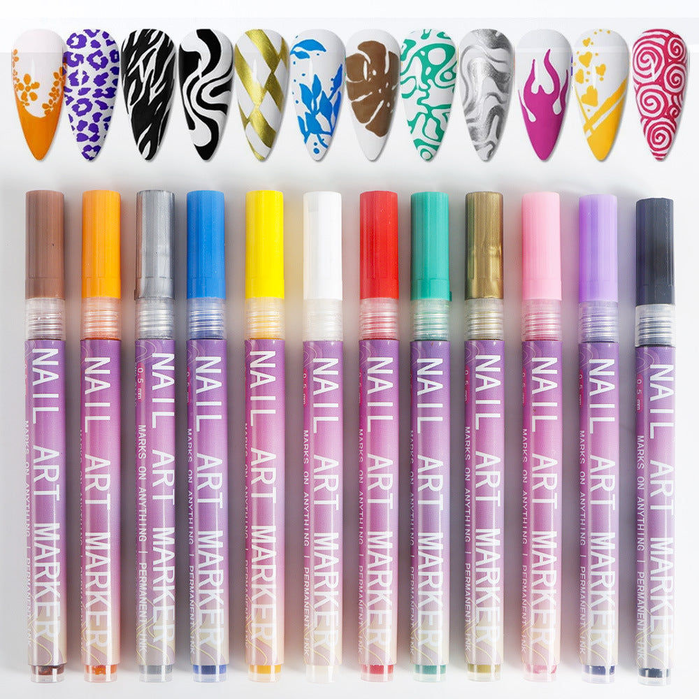 12-Color Acrylic Nail Art Marker Pen Set - Waterproof and Quick Drying, DIY Beauty Nail and Artistic Graffiti Pens - Image 2