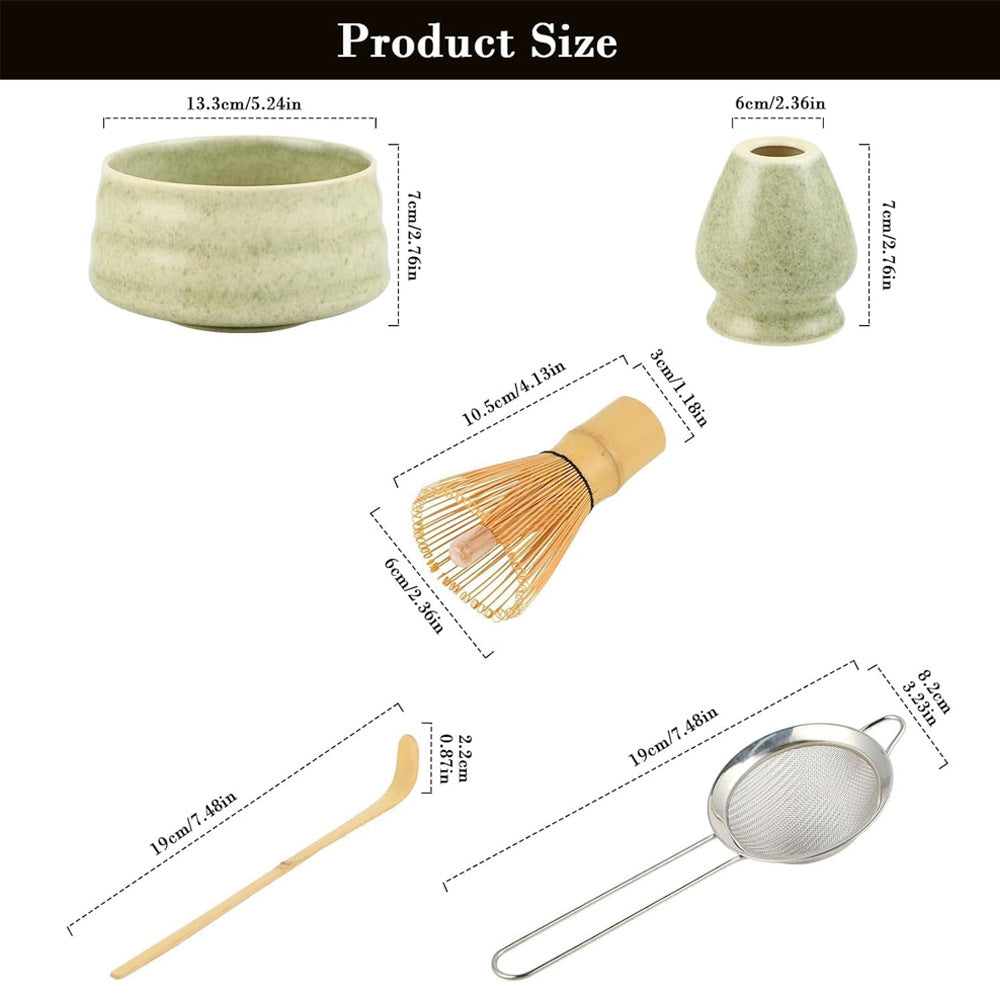 Gradient Green Ceremony 5-Piece Matcha Ceramic Tool Set - Gift Box with Whisk (Chasen), Whisk Holder (Chasen Kuse-Naoshi), Bowl, Sieve, and Scoop - Image 2