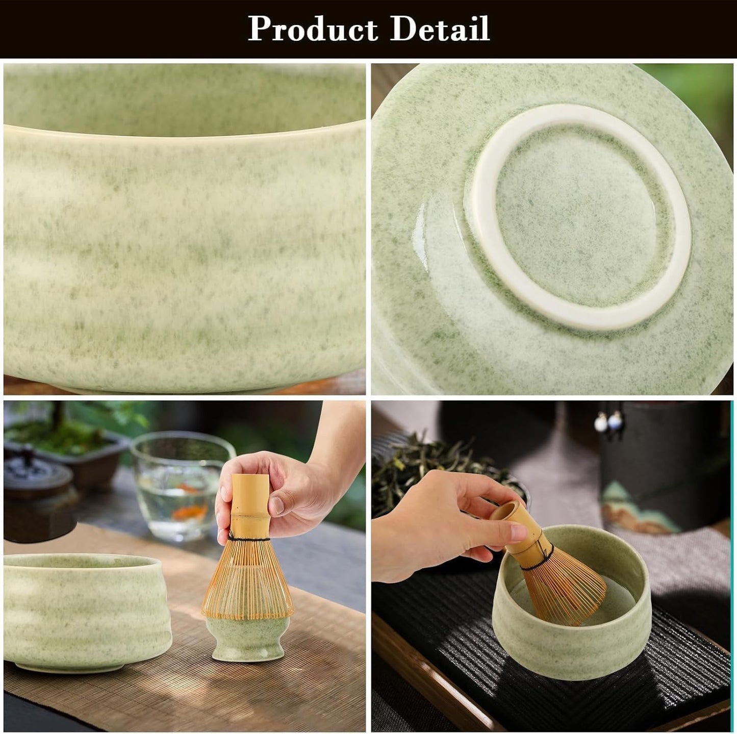 Green Ceremony 4-Piece Matcha Ceramic Tool Set - Gift Box with Whisk (Chasen), Whisk Holder (Chasen Kuse-Naoshi), Bowl, and Scoop - Image 3