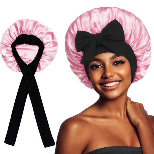 2-Pack Rose Pink Satin Bonnet with Wide Band and Bow Tie - Hair Care Sleep Cap and Turban for Women - Image 3
