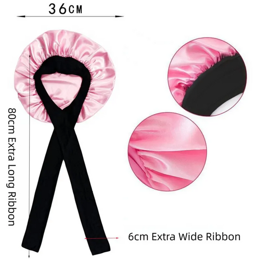 2-Pack Pink Satin Bonnet with Wide Band and Bow Tie - Hair Care Sleep Cap and Turban for Women - Image 2