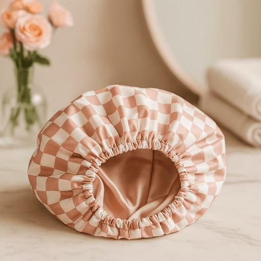 Thickened Double-Layer Pink Checkered Printed Waterproof Shower Cap for Women - Thickened Reusable Bath Hair Cover for Adults - Image 2