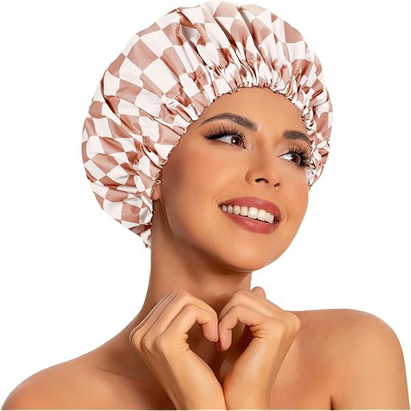 Thickened Double-Layer Pink Checkered Printed Waterproof Shower Cap for Women - Thickened Reusable Bath Hair Cover for Adults - Image 3