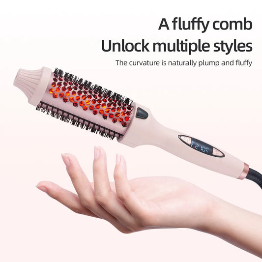 2-in-1 Pink Volumizing Hair Straightening Brush & Curling Iron - Tourmaline Ceramic Heating, With 5 Adjustable Temperature Settings and Anti-Scald Shell - Image 3