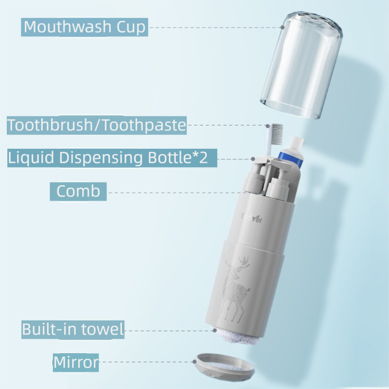 Grey Deluxe 8-in-1 Travel Toiletry Set - Portable All-in-One Toothbrush Holder, Wash Cup, Towel and 2 * Refill Bottles for Travel & Camping - Image 2