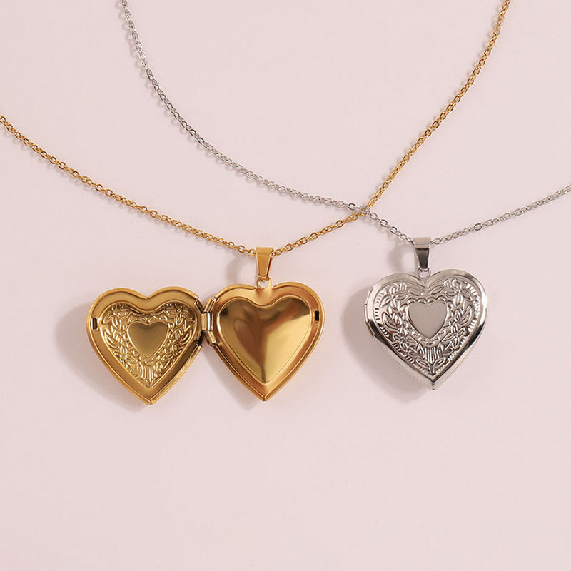 2-Pack Luxury Fading-Resistant Titanium Steel Heart Locket Necklace(Sliver & Gold) - Simple Photo Frame Pendant on Collarbone Chain - Image 2