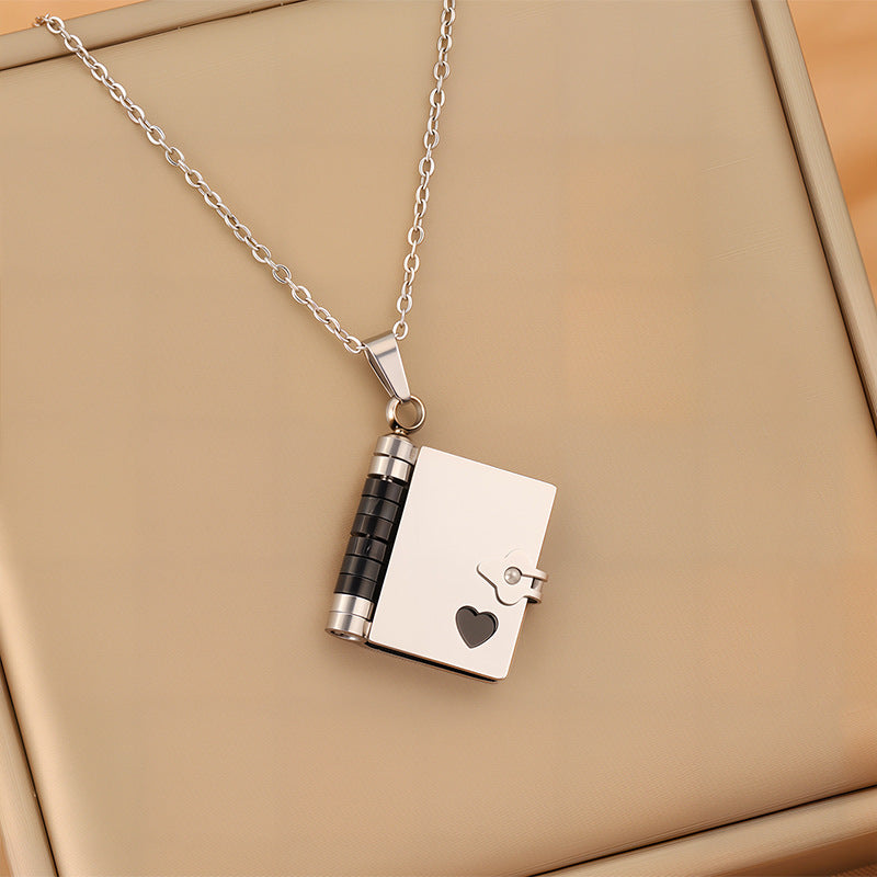 Black-Sliver Titanium Steel Fading-Resistant Envelope Locket Necklace - Openable Love Letter Pendant for Couples