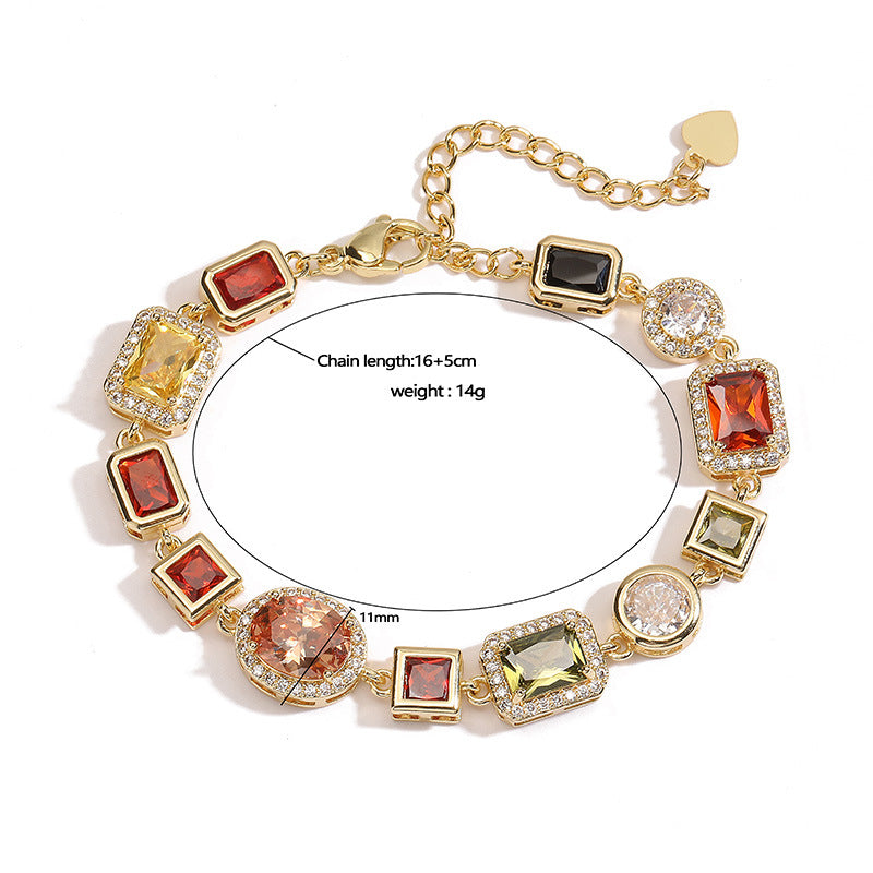 White-Gold Elegant Light Luxury Geometric Colorful Gemstone Bracelet (L: 16-21CM) - Copper Cuban Chain Cuff - Image 3