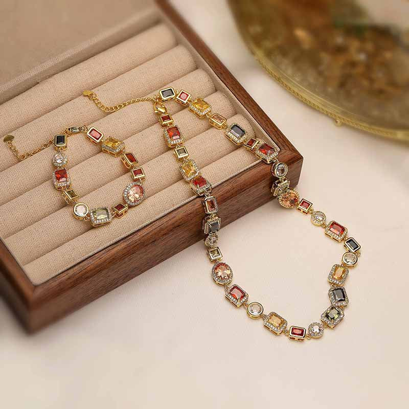 Gold Elegant Light Luxury Geometric Colorful Gemstone Bracelet (L: 16-21CM) - Copper Cuban Chain Cuff - Image 2