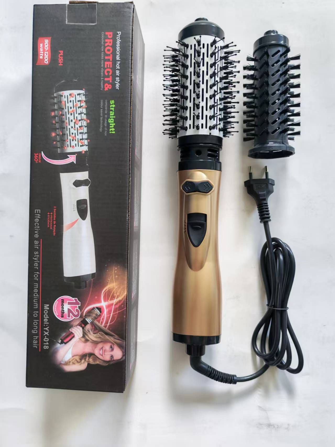 2-in-1 Gold Automatic Rotating Hot Air Styler(38/50mm Curling Barrel) - Multifunctional Hair Dryer Brush, Straightener & Curler with 3 Heat Settings and 360° Bi-directional Rotation