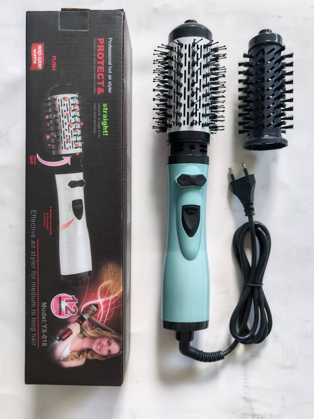 2-in-1 Blue Automatic Rotating Hot Air Styler(38/50mm Curling Barrel) - Multifunctional Hair Dryer Brush, Straightener & Curler with 3 Heat Settings and 360° Bi-directional Rotation
