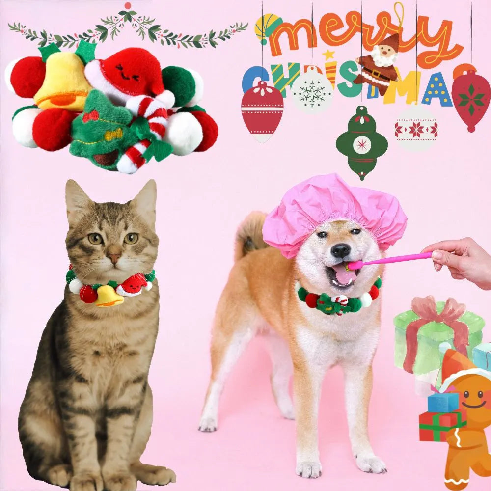 Christmas Pet Pom-Pom Adjustable Cotton Collar Set(2-Pack Size S) - Cat and Dog Holiday Costume, Cute Bell Hat and Tree Umbrella Designs