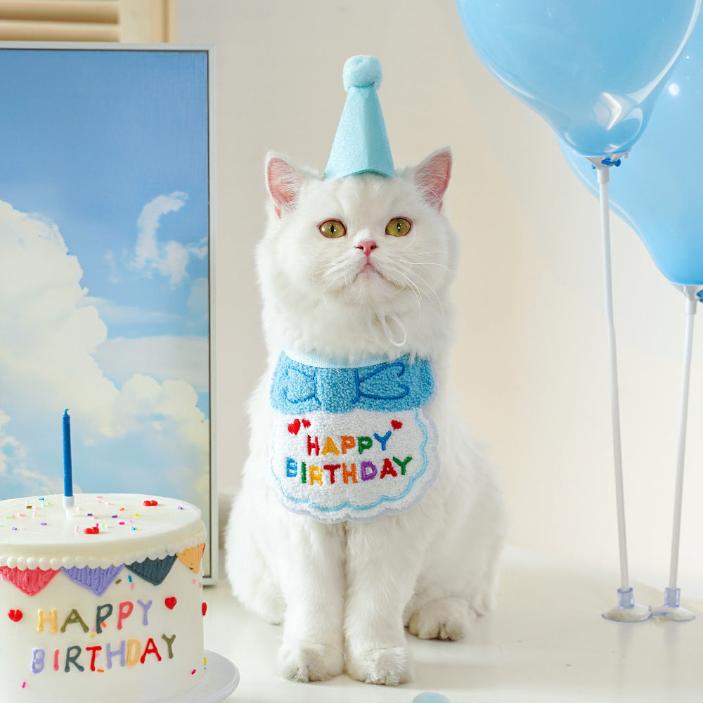 4-Pack Adorable Pet Dog Cat Birthday Party Hat & Bib Set(Pink & Light Blue) - Embroidered Bandana Bib & Felt Party Hat, Adjustable Tie-On Dress-Up Accessories - Image 2