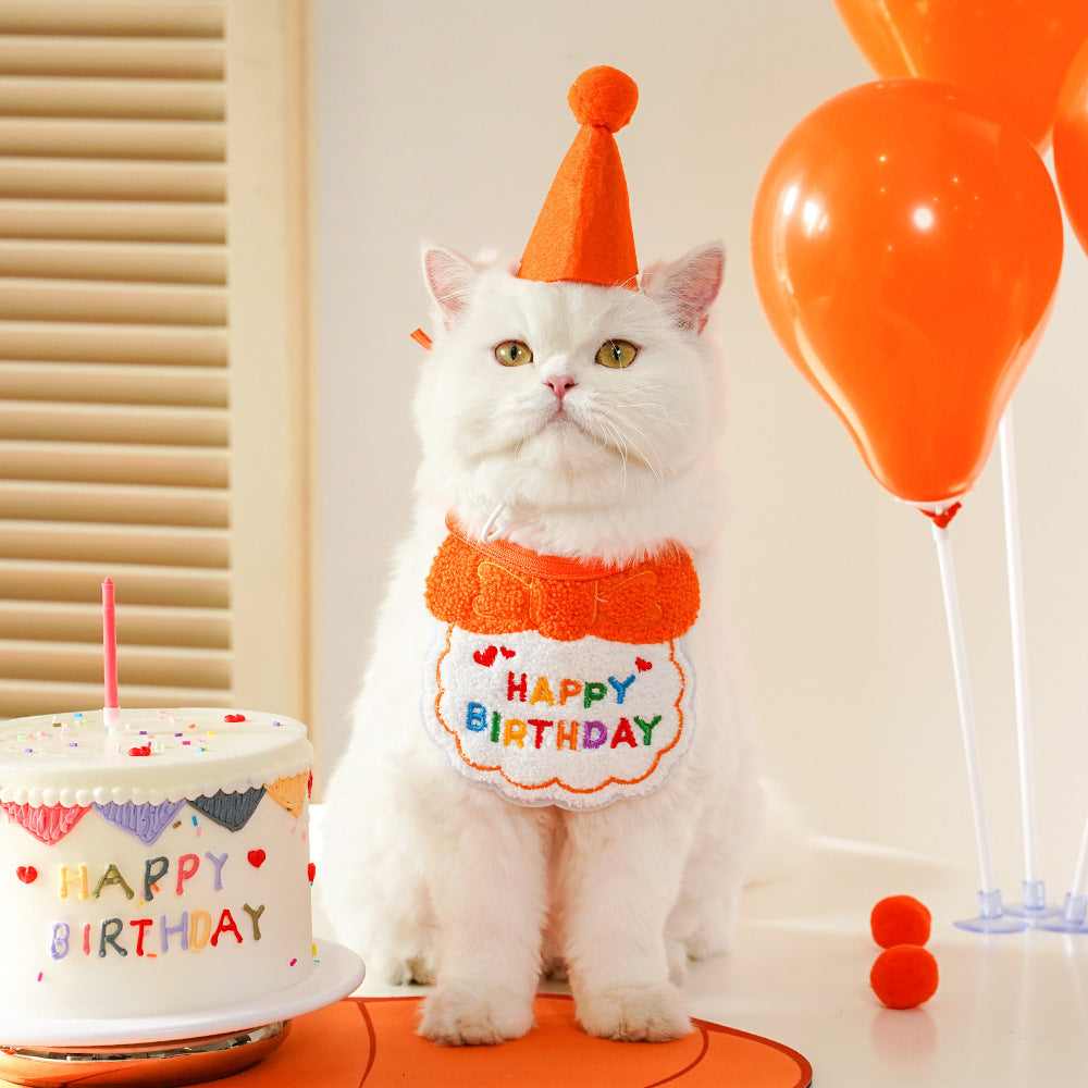 4-Pack Adorable Pet Dog Cat Birthday Party Hat & Bib Set(Yellow & Orange) - Embroidered Bandana Bib & Felt Party Hat, Adjustable Tie-On Dress-Up Accessories - Image 2