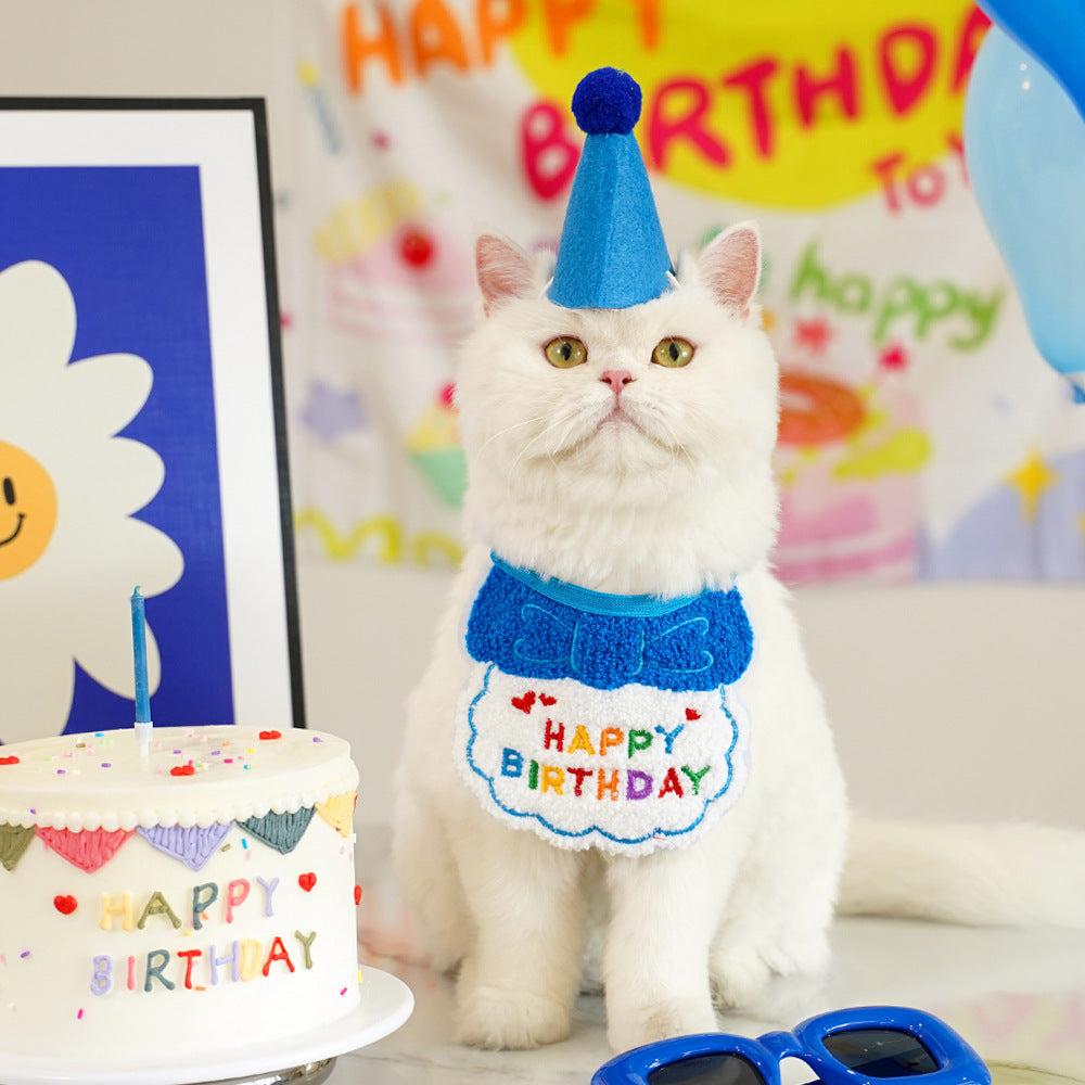 4-Pack Adorable Pet Dog Cat Birthday Party Hat & Bib Set(Purple & Dark-Blue) - Embroidered Bandana Bib & Felt Party Hat, Adjustable Tie-On Dress-Up Accessories - Image 2
