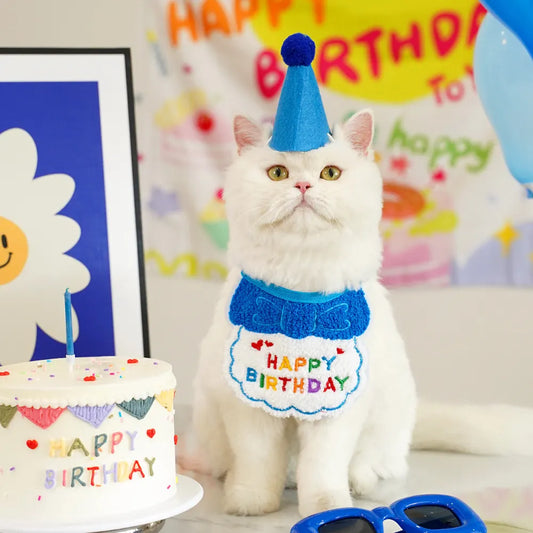 4-Pack Adorable Pet Dog Cat Birthday Party Hat & Bib Set(Purple & Dark-Blue) - Embroidered Bandana Bib & Felt Party Hat, Adjustable Tie-On Dress-Up Accessories - Image 2