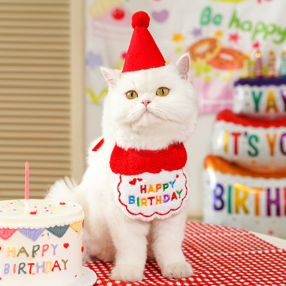 4-Pack Adorable Pet Dog Cat Birthday Party Hat & Bib Set(Green & Red) - Embroidered Bandana Bib & Felt Party Hat, Adjustable Tie-On Dress-Up Accessories - Image 2