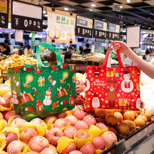 8-Pack Christmas Red Tote Bags(32 x 25 x 17 CM) with Film Coating - Non-Woven Holiday Reusable Gift Carrier Bags - Image 2