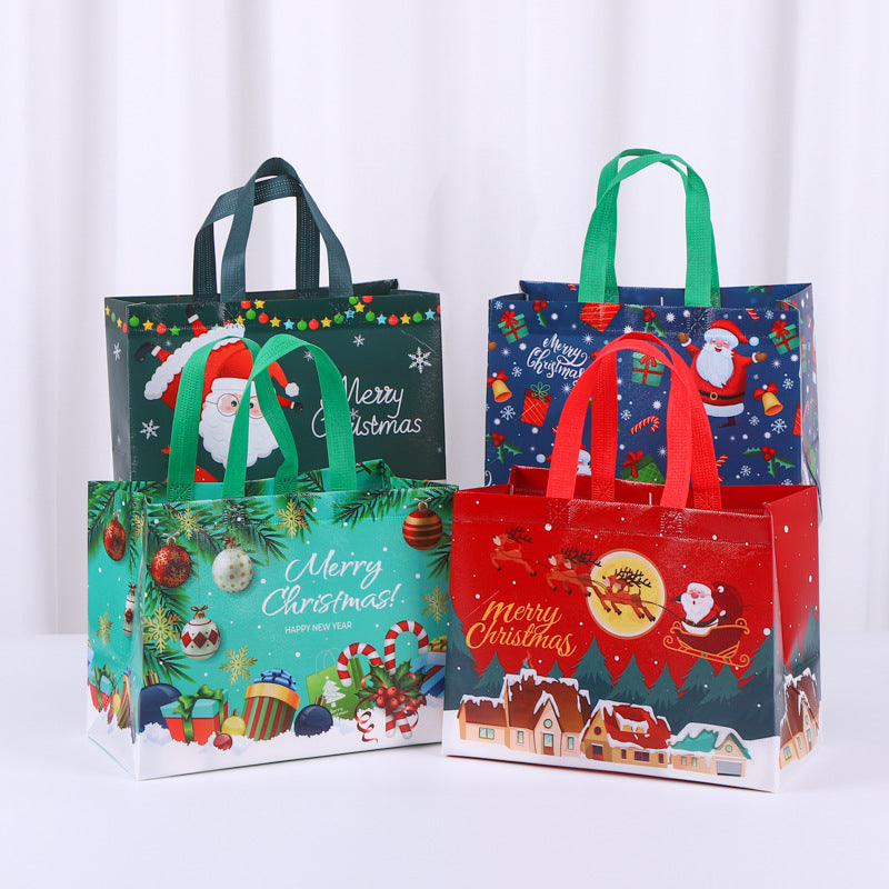 8-Pack Christmas Red Non-Woven Tote Bags(32 x 25 x 17 CM) with Film Coating - Reindeer Sleigh Design Holiday Reusable Gift Carrier Bags - Image 3