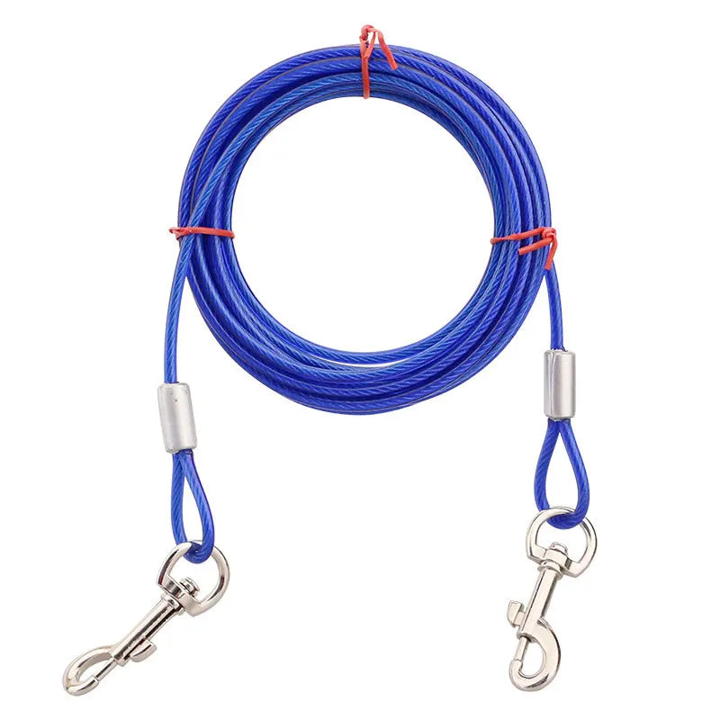 Blue Heavy-Duty Steel Wire Dual-Head Dog Tie-Out Cable Leash(5mm x 5m - 16ft) - with Dual Swivel Hooks for Tethers and Double Dog Walking