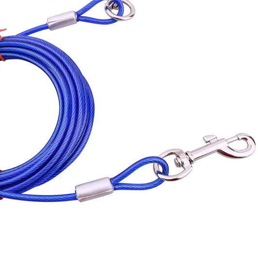 Blue Heavy-Duty Steel Wire Dual-Head Dog Tie-Out Cable Leash(6mm x 10m - 33ft) - with Dual Swivel Hooks for Tethers and Double Dog Walking - Image 2