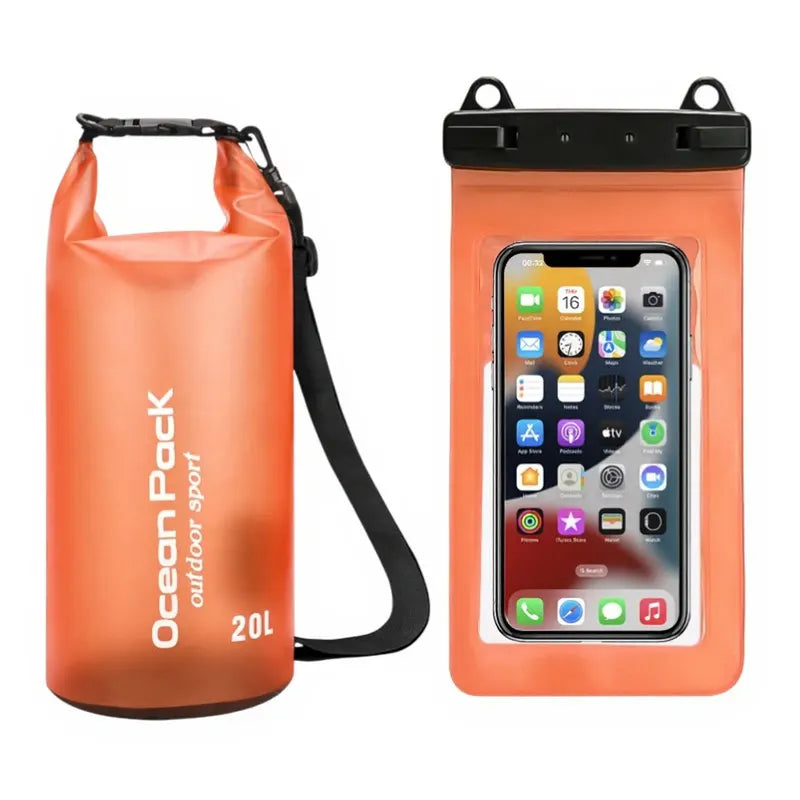 Orange 20L PVC Waterproof Swimming Bag Bonus with Waterproof Phone Pouch - Roll-Top Floating Dry Gear Bags for Beach, Kayaking & Outdoor Sports
