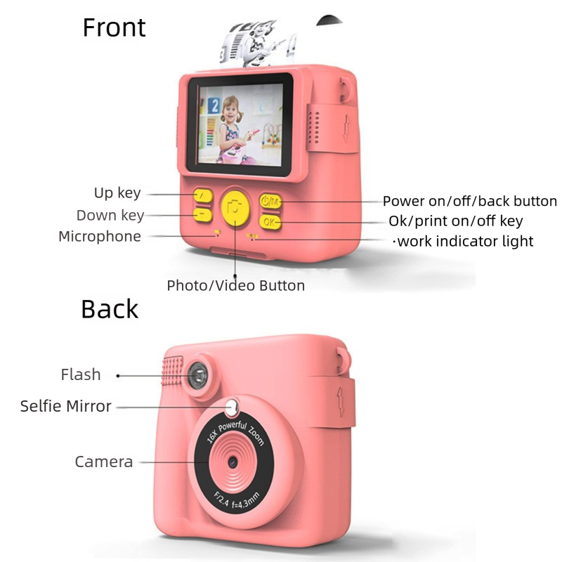 Pink ABS-681 Portable Kids Mini Digital Polaroid with 32GB Card,  3 Rolls Printing Paper & 6 Color Pens - Instant Print Thermal Photo Printer for DIY Fun - Image 6