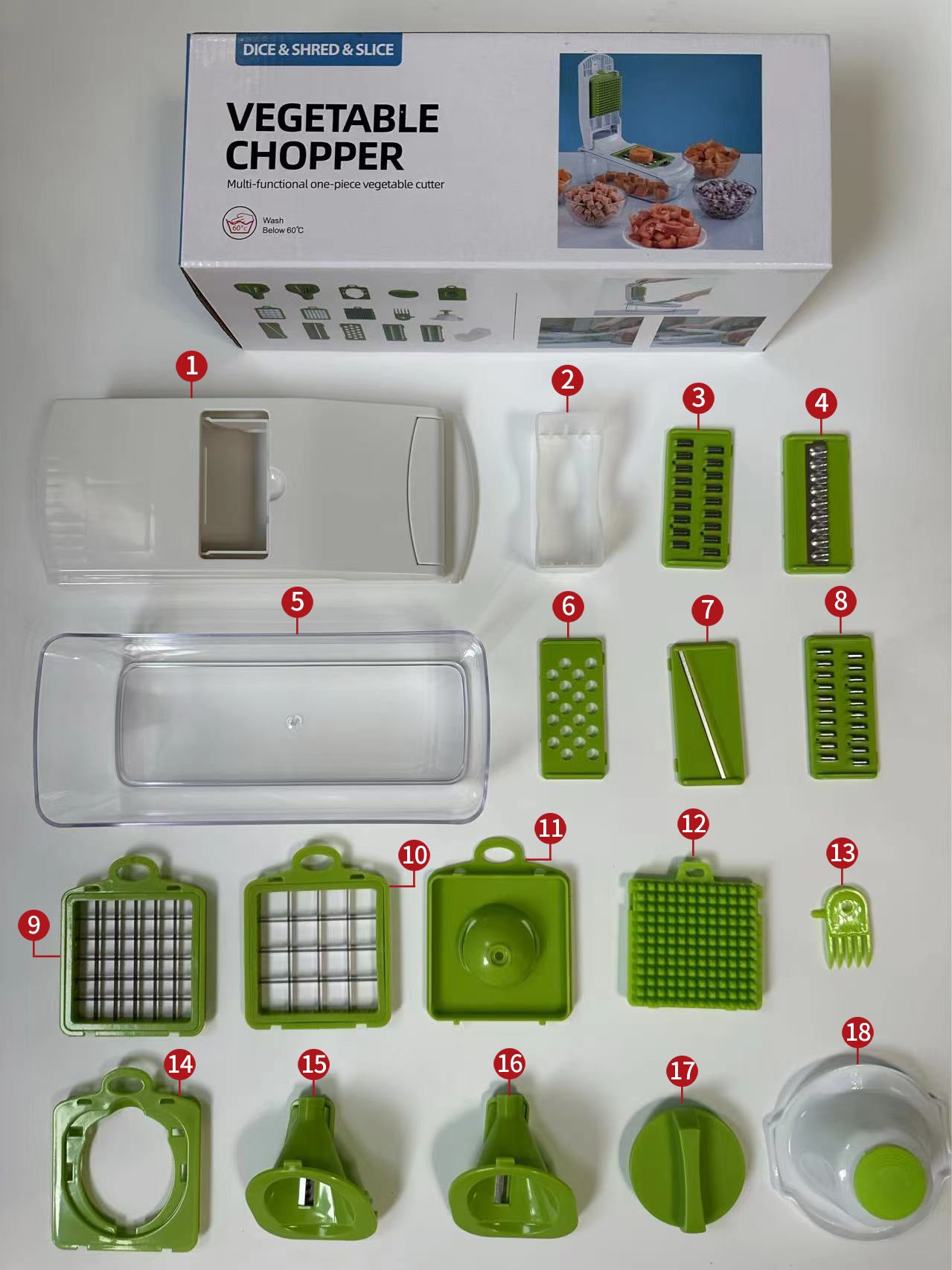 18-Piece White-Green Multi-Function Vegetable Chopper & Slicer Set - Rotary Grater with 5 Muti-Style Stainless Steel Blades for Home Kitchen - Image 7