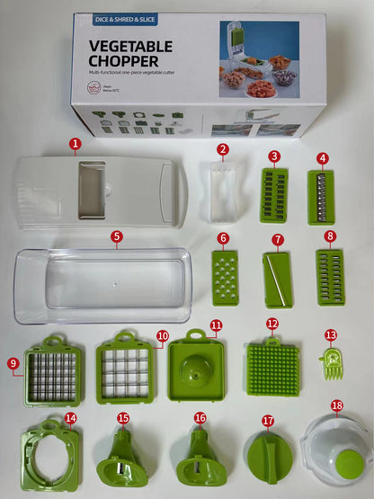 18-Piece White-Green Multi-Function Vegetable Chopper & Slicer Set - Rotary Grater with 5 Muti-Style Stainless Steel Blades for Home Kitchen - Image 7
