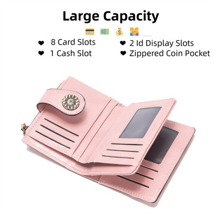 Red Korean Style Cutout Compact PU Leather Wallet - Women's Mini Bifold Purses with 8 Card Slots, 2 ID Window & Coin Zip Pocket - Image 2